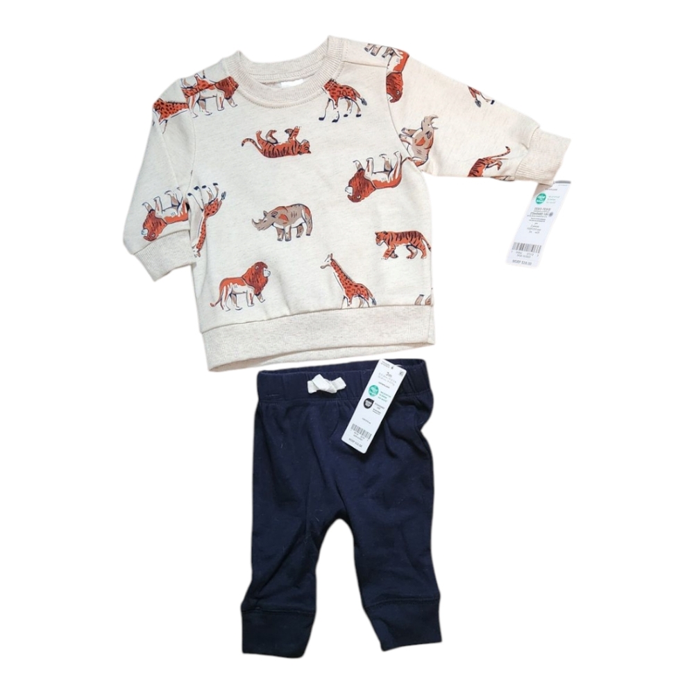 NWT Carter's Light Beige Safari Animals Baby Sweatshirt Pants Outfit 3M